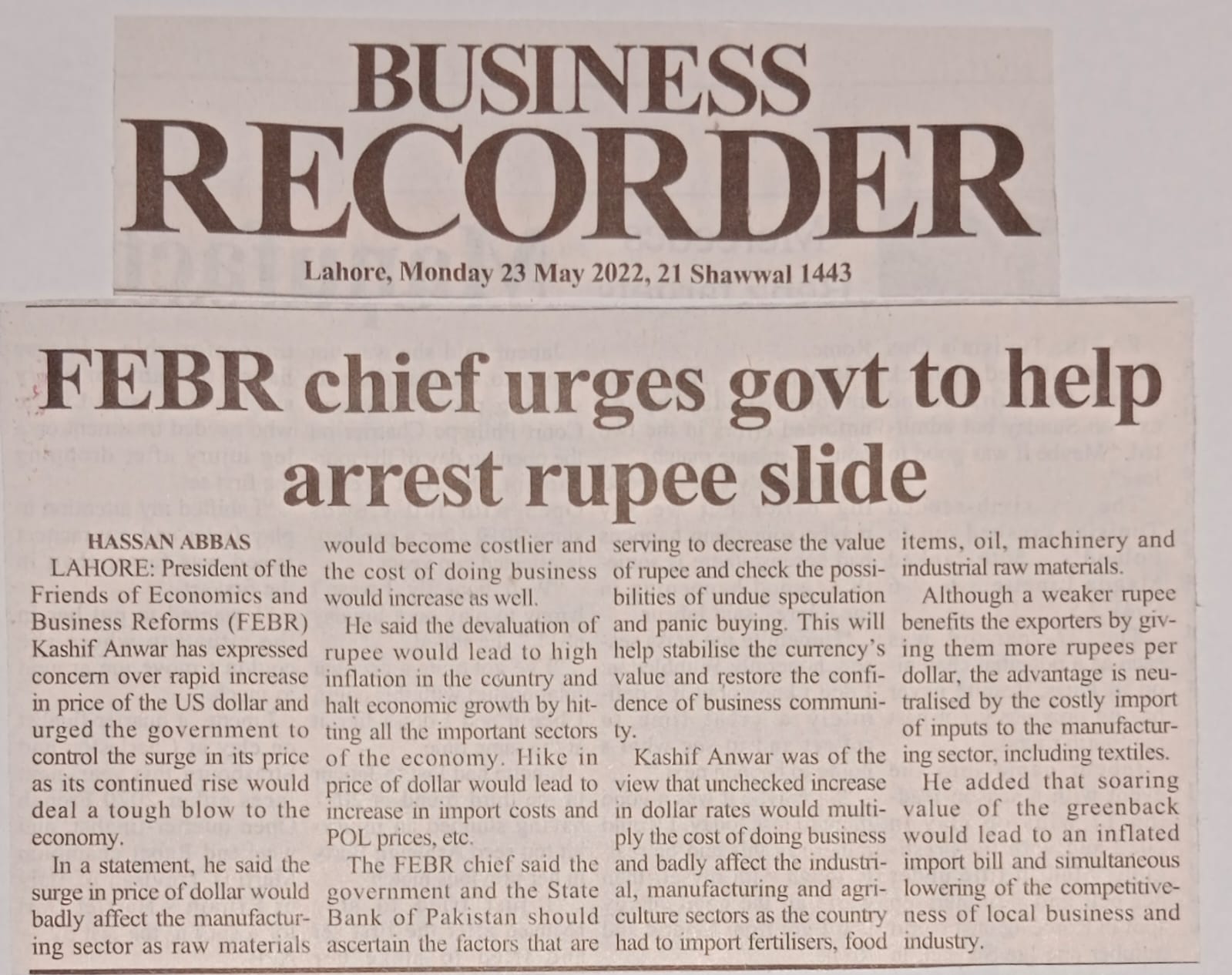 BUSINESS RECORDER News Post 23.5.2022 Kashif Anwar